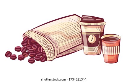 Coffee in disposable cup with lid, beans in sack. Sketch of caffeine beverage and grains in bag, mocha drink in plastic dishware, takeaway container vector