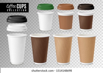 Coffee disposable cups set. Realistic style. Transparent background. Coffee to go hot street drinks cardboard packaging. Vector