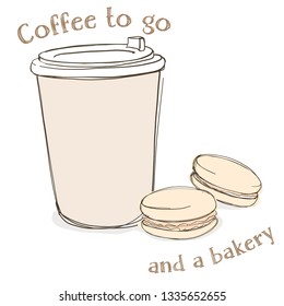 Coffee in a disposable paper Cup with a lid to take away and macaroons cakes. Colorful vector illustration in sketch style on white background. For menu, website, advertising.