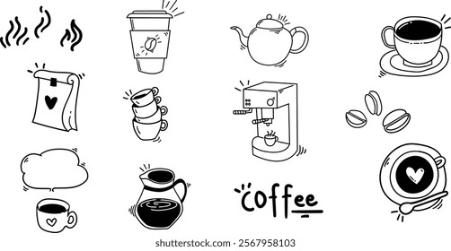 Coffee doddle for background,Hand drawn coffee scribbles,Morning beverage illustration set,Coffee design element pack.  