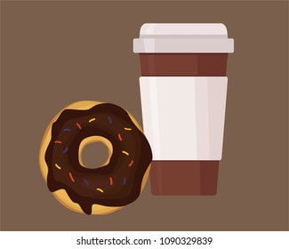 Coffee and donut art. A glass with a drink and a chocolate donut illustration. Vector