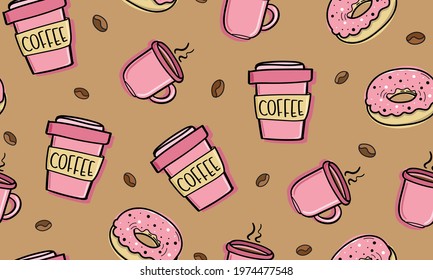 Coffee and donut breakfast concept seamless pattern texture background design for fashion graphics, textile prints, decors, wallpapers etc
