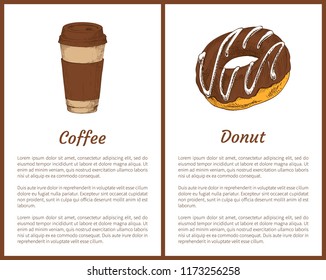 Coffee and donut breakfast. Sweet dessert with chocolate and cream on top, hot energetic beverage poured in cup. Cappuccino drink vector illustration