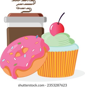 coffee with donut and cherry cupcake. Coffee and Doughnut. 