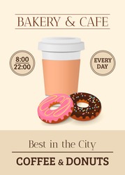 Coffee And Donut Flyer, Poster, Brochure, Invitation For Advertising And Promotion. Vector Illustration