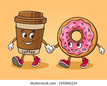 coffee and donut friends walking together pop art retro vector illustration. Comic book style imitation.