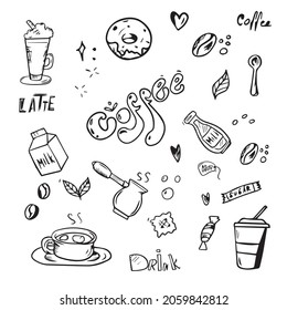 Coffee donut icons. vector contour drawn by hand.Design for coffee and pastries for cafe menus for banners and postcards, isolated on a white background.