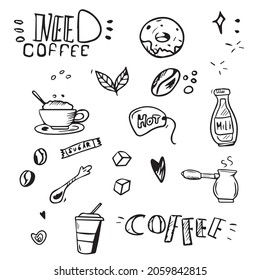 Coffee donut icons. vector contour drawn by hand.Design for coffee and pastries for cafe menus for banners and postcards, isolated on a white background.