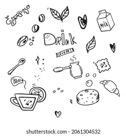 Coffee donut icons. vector contour drawn by hand.Design for coffee and pastries for cafe menus for banners and postcards, isolated on a white background.