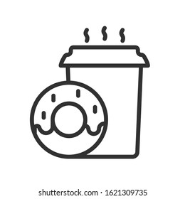 Coffee and donut, linear icon. Editable stroke