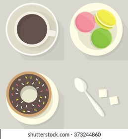 Coffee, donut and macarons. assortment. Flat lay.