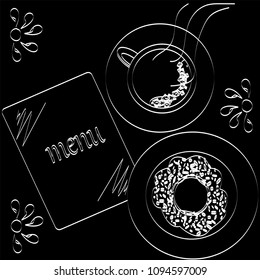coffee, donut and menu drawn on a black background