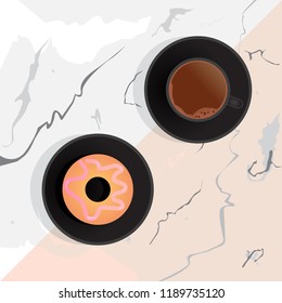 Coffee and donut on marble table. Idea for differenr design. Vector illustration