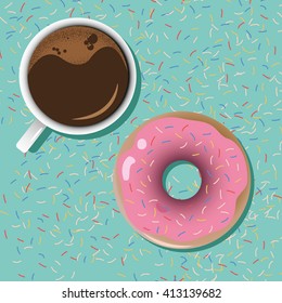 Coffee and donut on mint green background