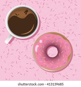 Coffee and donut on pink background