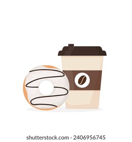 Coffee and donut on white background. Sweet dessert