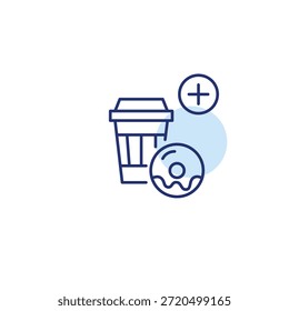Café, dona y símbolo plus. Añadir postre a tu bebida. Café y aperitivos. Icono de Vector de trazo perfecto y editable