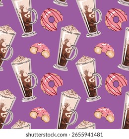 Coffee and Donut Seamless Pattern with Flat Design. Ideal for Beverage Branding, Food Packaging, Social Media Graphics, Website Backgrounds and Digital Art Projects