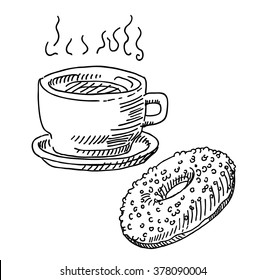 Coffee And Donut Sketch  Drawing. Vintage Line Style Illustration. 
For Restaurant And  Cafe Design
