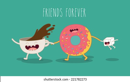 Coffee, donut, sugar. Vector illustration of comic characters friends forever. Use in the menu, in the shop, in the bar, the card or stickers.