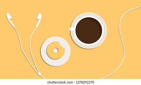 coffee and donut vector. wallpaper. free space for text. copy space. blank. Earphone vector.