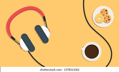 coffee and donut vector. wallpaper. free space for text. copy space. blank. Earphone vector. cookie vector.