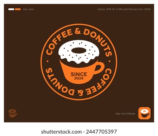 Coffee and Donuts Cafe emblem. Coffee mug and donut in a circle.