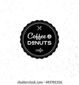 Coffee Donuts Cafe logo design template. Vector retro black and white logotype illustration. Graphic vintage bakery shop circle label, emblem, symbol. Hipster tasty cake and drink badge