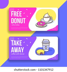 Coffee and donuts gift voucher template. Flat outline style vector illustration.