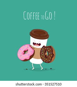 Coffee and donuts illustration. Vector cartoon. Comic characters. You can use in the menu, in the shop, in the bar, the card or stickers. Easy to edit. 