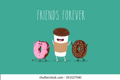 Coffee and donuts illustration. Vector cartoon. Comic characters. Use for card, poster, banner, web design and print on t-shirt. Easy to edit.