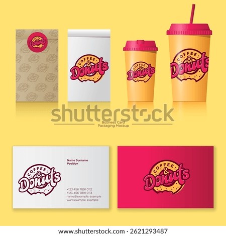 Coffee and Donuts logo and corporate identity.
Food packaging mockups. Set of paper bags, paper mugs, business cards, etc.
