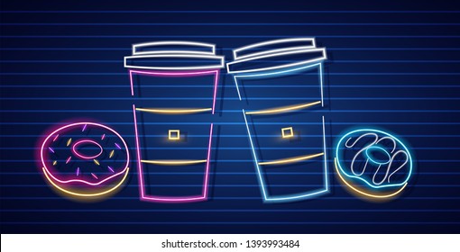 Coffee and donuts neon symbols Vector. Glowing sign dark background. Shinning billboard or menu templates
