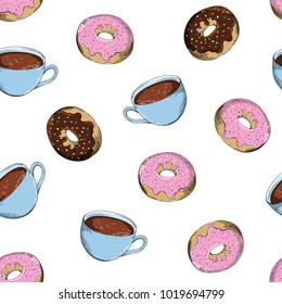 Coffee and donuts seamless pattern. Repeating food background. Vector illustration