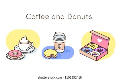 Coffee and donuts stylish icons set. Flat line vector illustration isolated on white background.
