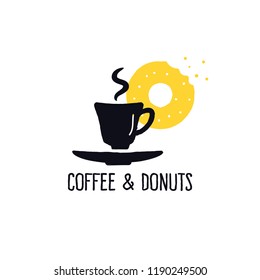 Coffee and donuts. Vector illustration of coffee cup and donut. Logo concept for coffee shop, confectionery.