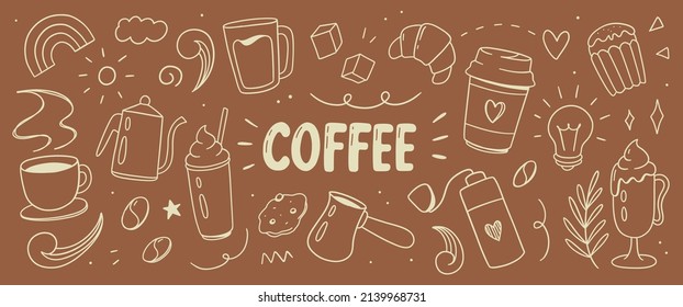 Coffee doodle background. Vector illustration. Equipment of coffee draw hand concept