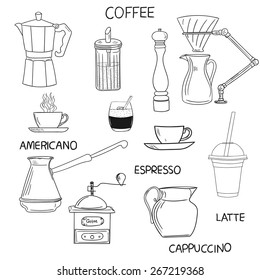 Coffee doodle collection. Hand drawn vector illustration.