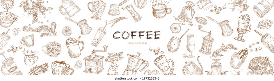 Coffee doodle concept. Hand drawn vector illustration set. Top view frame. Engraved design. Coffee black and white design. Card design. Vector.