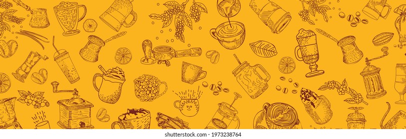 Coffee doodle concept. Hand drawn vector illustration set. Top view frame. Engraved design. Coffee black and white design. Card design. Vector.