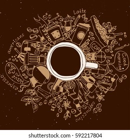 Coffee doodle concept on brown background - coffee time sketch illustration