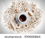 Coffee doodle concept - sketch illustration about coffee time. Vector coffee background with doodle sketch illustration of cafe beans, beverage details - cup, pot, glass, cinnamon, syrup for Cafe menu
