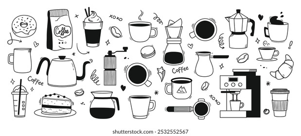 Coffee doodle. Cozy cafe coffee cups and beans, hand drawn desserts and espresso brewing tools. Cappuccino, latte to go, filter and Americano mug. Coffee shop branding vector illustrations set.