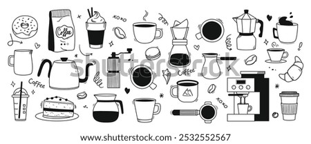 Coffee doodle. Cozy cafe coffee cups and beans, hand drawn desserts and espresso brewing tools. Cappuccino, latte to go, filter and Americano mug. Coffee shop branding vector illustrations set.