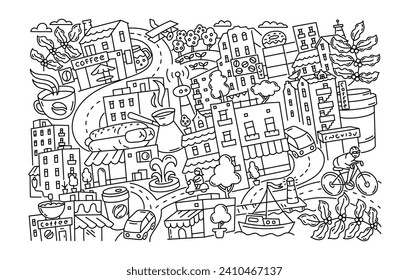 Coffee doodle. Cup of coffee and desert. Morning road. Editable outline stroke. Vector line.