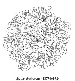 Coffee doodle design. Vector illustration. Cafe takeaway beverage. Coloring book