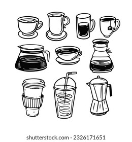 Coffee doodle elements set. Cups, mug, coffee pot and glass. Hand drawn line art style vector illustration. Isolated on white background.