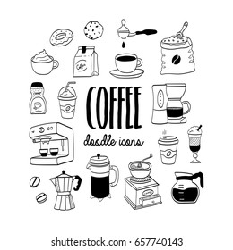 Coffee doodle hand drawn icons. Coffee shop supplies and equipment.