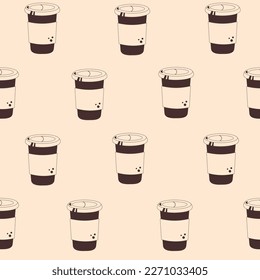 Coffee doodle icon seamless pattern. Simple repeat vector illustration of cardboard cup or plastic cup on beige background in minimal retro style