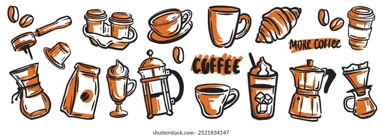 Conjunto de ícone de doodle de café, coleção de tinta de bebida quente desenhada à mão, linha de vetor café esboço adesivo. Xícara de café expresso, bonitinho bar beber kit de objetos, caneca, pote, pacote arábica. Café da manhã com garatuja de café